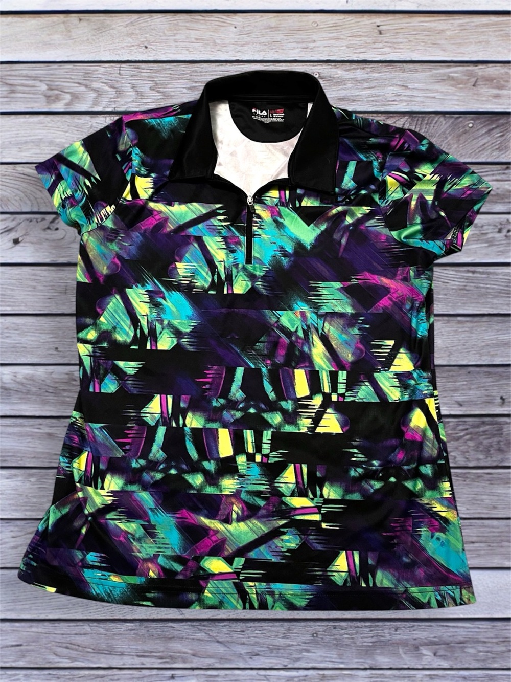 Fila Sport Golf Fitted Black Short Sleeve Zip Polo with Neon Abstract Print L